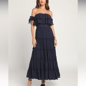 Chance For Us Navy Blue Off-the-Shoulder Ruffled Maxi Dress